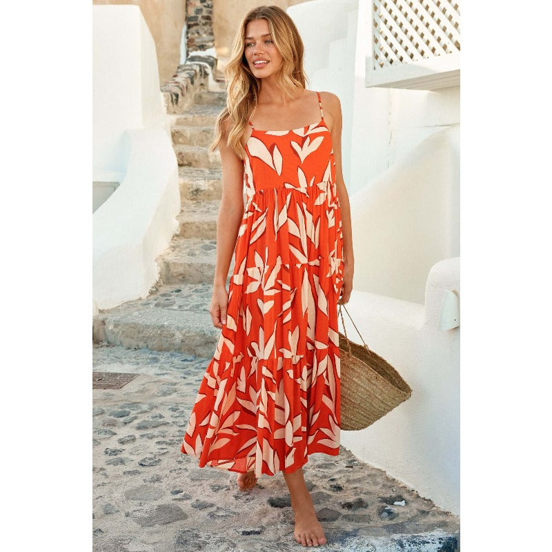 Women's dress - cross-border independent site - european & american summer vacation - spaghetti strap - backless - printed - a-line - long - casual swing dress - women's