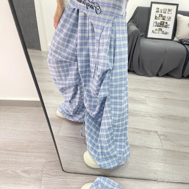 Womens casual pants women's summer loose vintage blue plaid pants