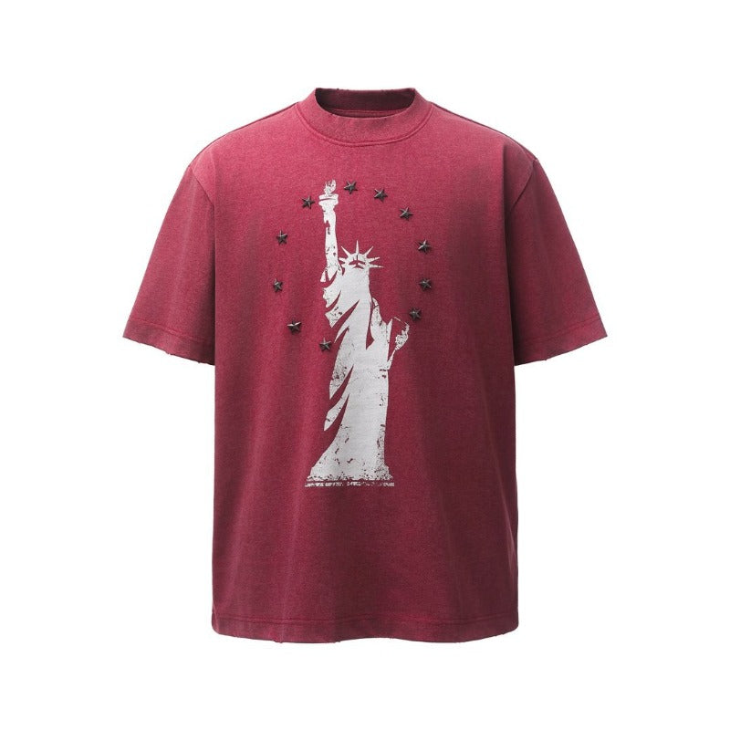 Men's t-shirts: american retro heavyweight double yarn distressed metal embellished design, men's high street oversized short sleeve tee