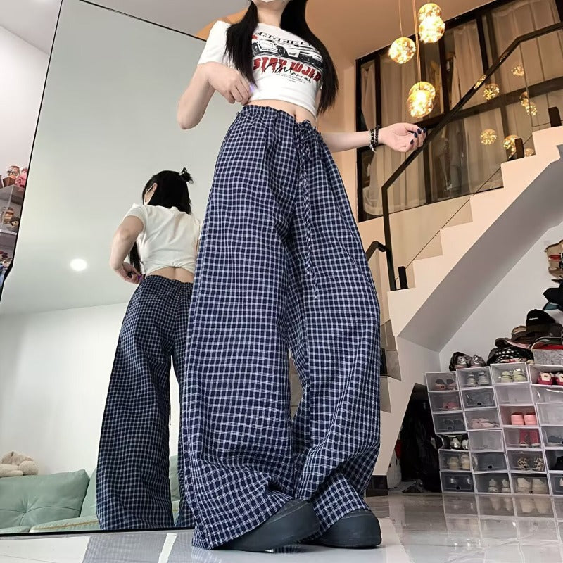 Women casual pant retrogrids pattern summer loose
