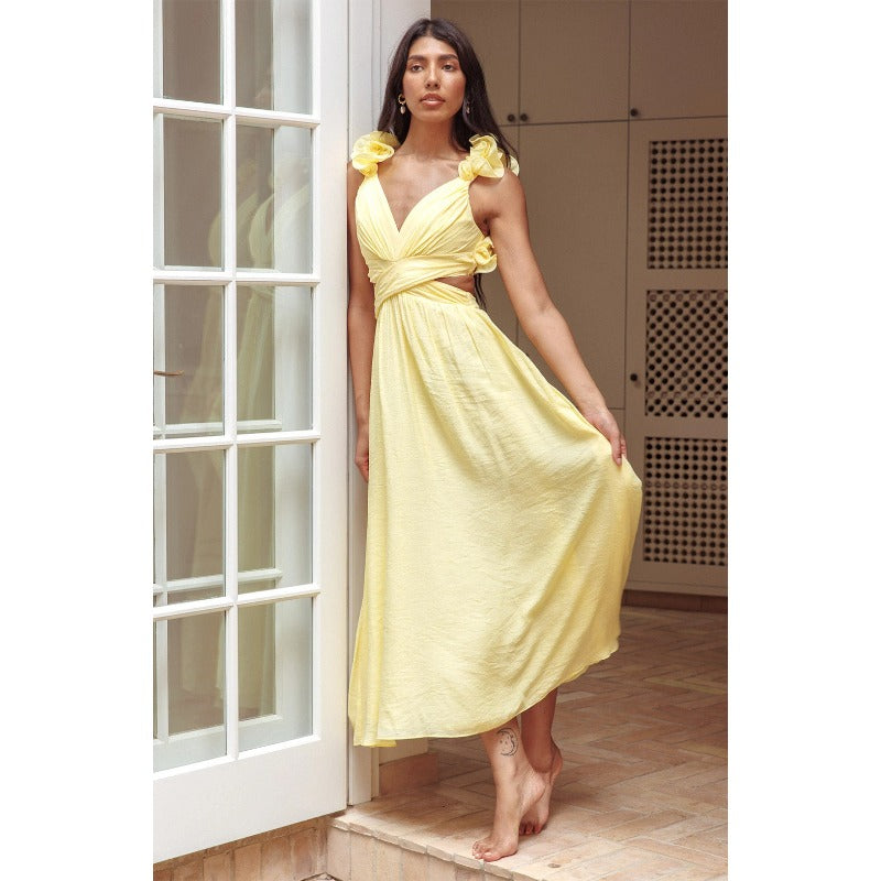 Women's dress: summer bestseller - cross-border chiffon floral pleated maxi dress with open back and criss-cross tie detail