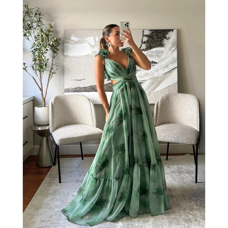 Women's summer cross-border fashion printed back-tie maxi dress - elegant and flowy