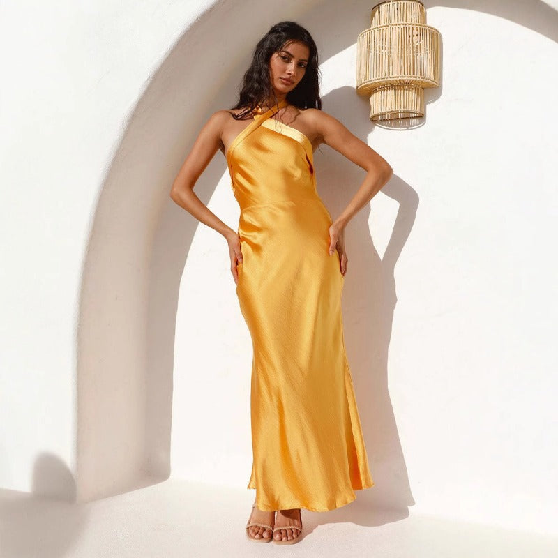 Women's dress - cross-border summer amazon fashion dress - slimming solid color camisole halter neck banquet satin gown