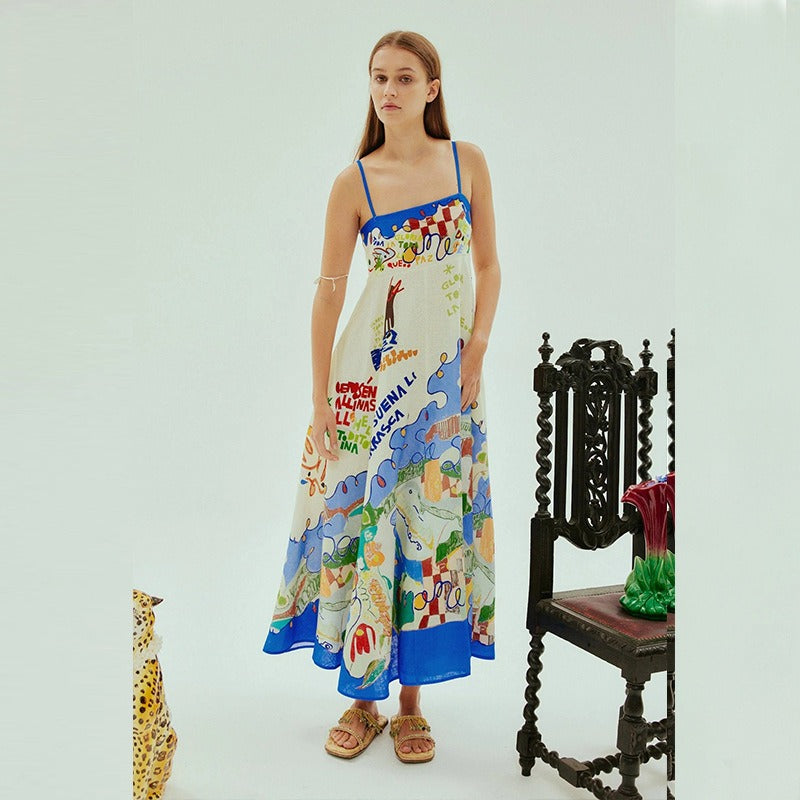 Women's dress - european & american style, cross-border aliexpress, independent website, sexy spaghetti strap, graffiti cotton linen print, maxi swing dress for women