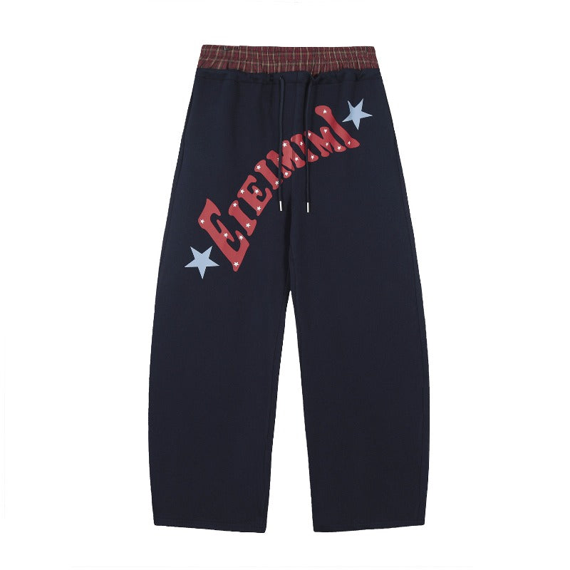 Women's casual pants - vintage style, double waistband, letter print, relaxed fit