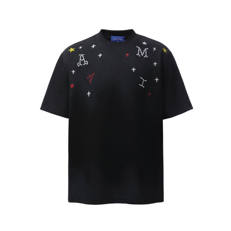 Men t shirts american retroheavy weight double yarn high quality high street washed distressed embroidermen's loose short-sleeved t-shirt