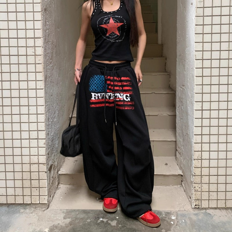 Women casual pants alphabet flag print women loose wide-leg pants