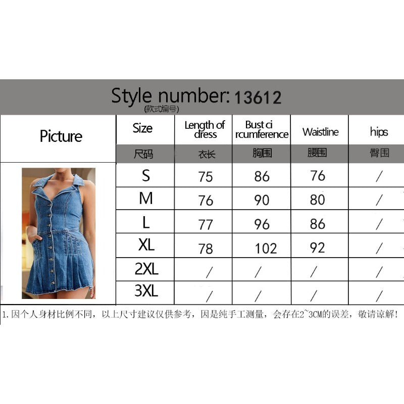 Women's dress: european and american style sexy hot girl halter a-line denim dress - cross-border women's apparel, turn-down collar, sleeveless, high-waisted skirt
