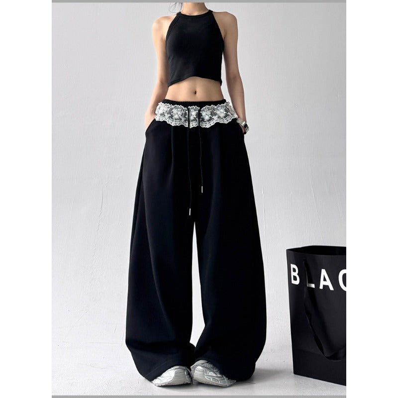 Women casual pants women's summer solid color loose lace drawstring trousers