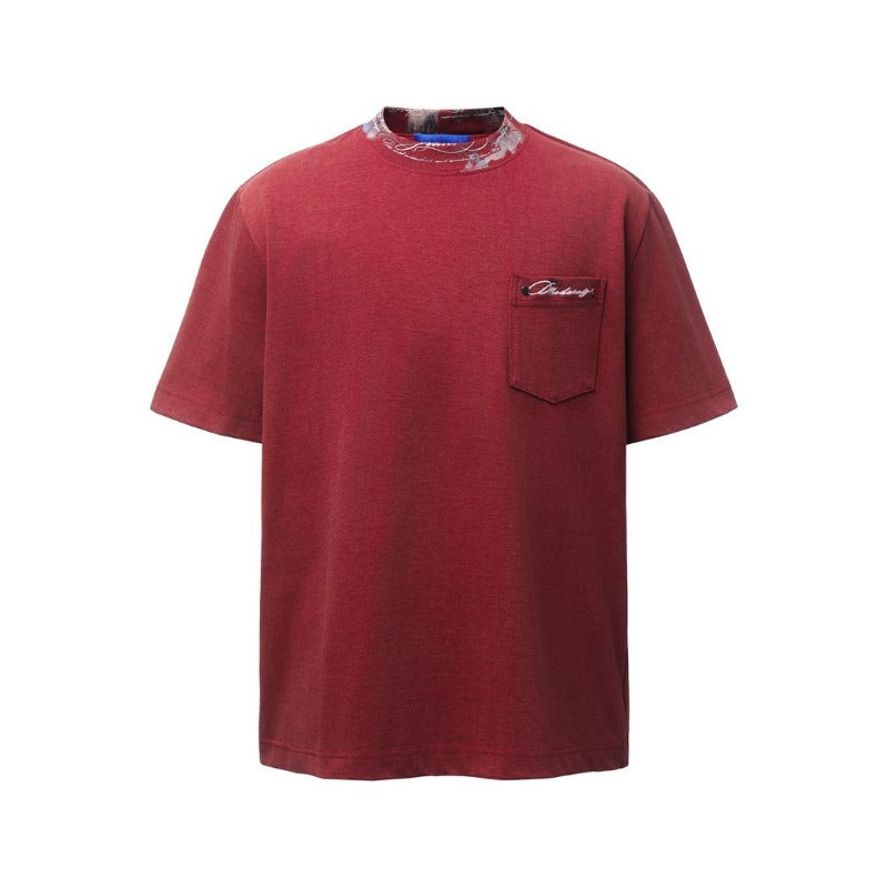Men's t-shirts: american retro heavyweight double yarn high-quality deconstructed embroidery design, distressed loose fit short sleeve tee
