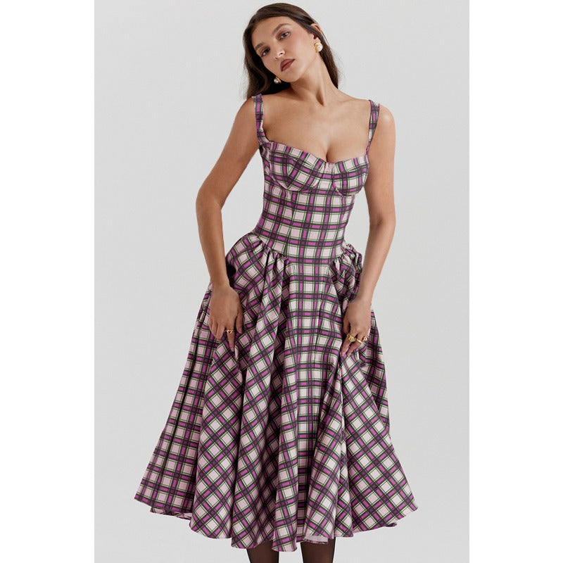 Women's dress - cross-border european & american style - french plaid high-end summer dress - spaghetti strap gingham maxi dress - court style