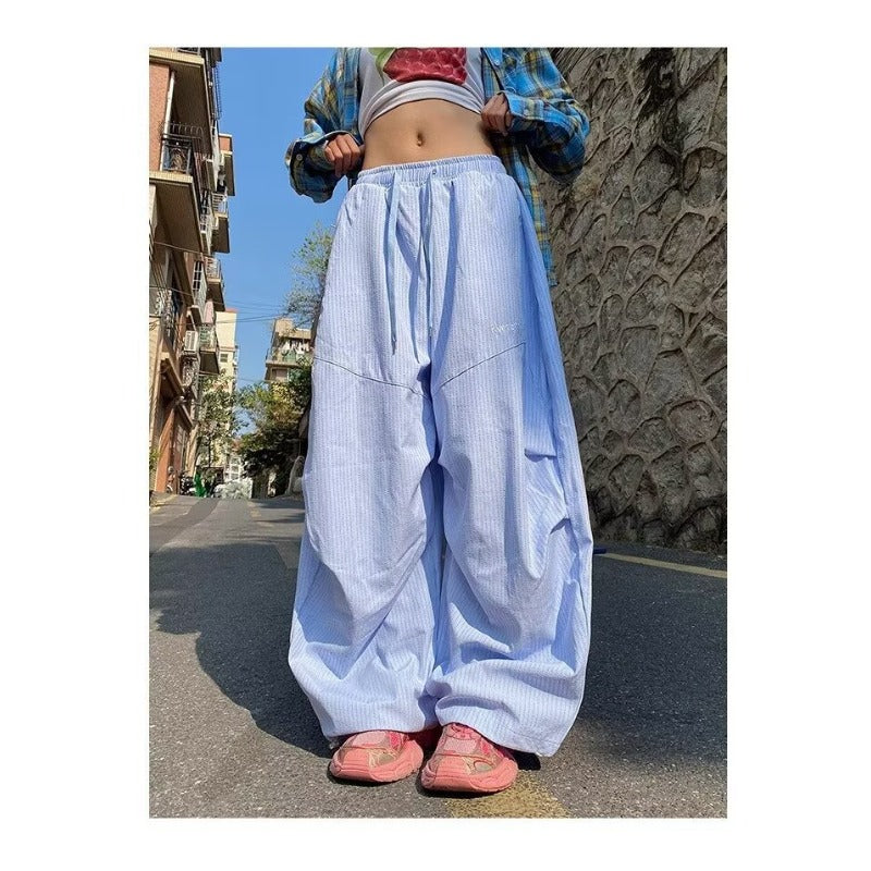 Womens casual pants vintage pleated striped spring summer wide-leg scimitar pants