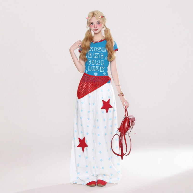 Women casual pants retro wide leg women summer elastic waist