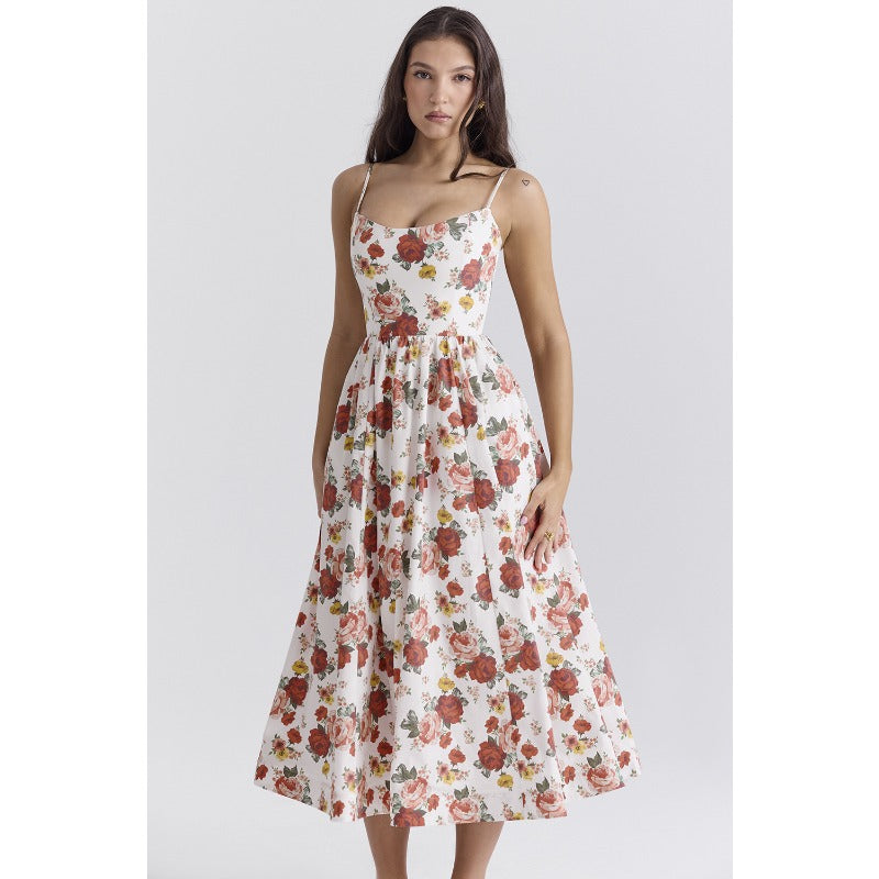 Women's dress - cross-border fashion: sweet & spicy floral midi dress with open back and spaghetti straps - perfect for summer in europe and the us