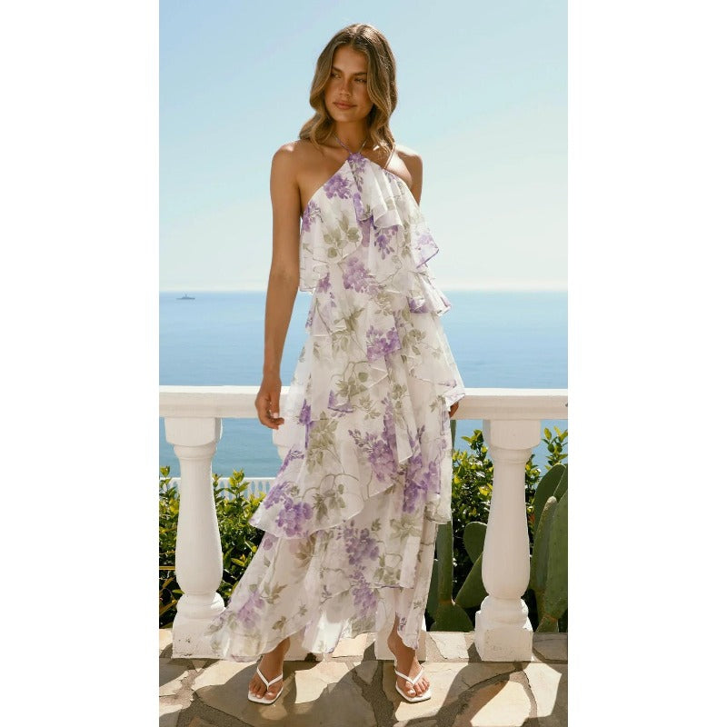 Women's off-the-shoulder european and american style fashionable chiffon printed fairy long elegant evening gown dress for cross-border e-commerce
