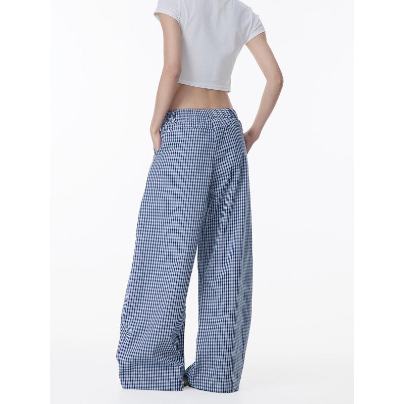 Women casual pants summerloose blue plaid