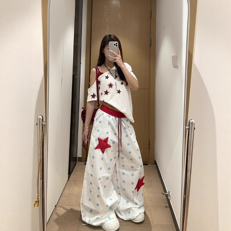 Womens casual pants women's summer loose retro star print elastic trousers