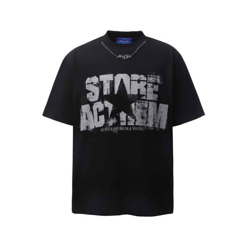 Men's t-shirts: american retro heavyweight double yarn high-quality spray-painted letter print design, men's loose fit short sleeve t-shirt