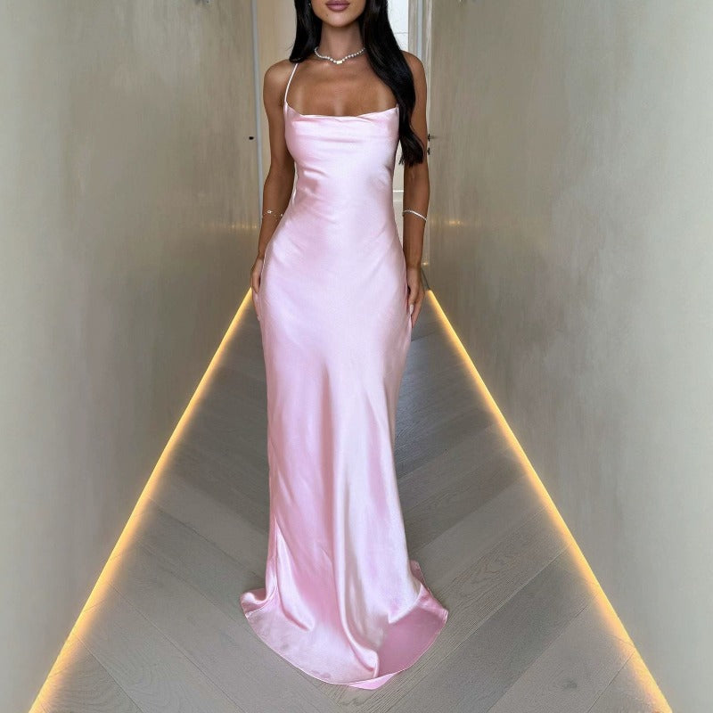Women's dresses, direct from the factory. mid-length, figure-hugging, sexy v-neck camisole dress. soft and smooth, lightweight, twisted satin silk maxi dress