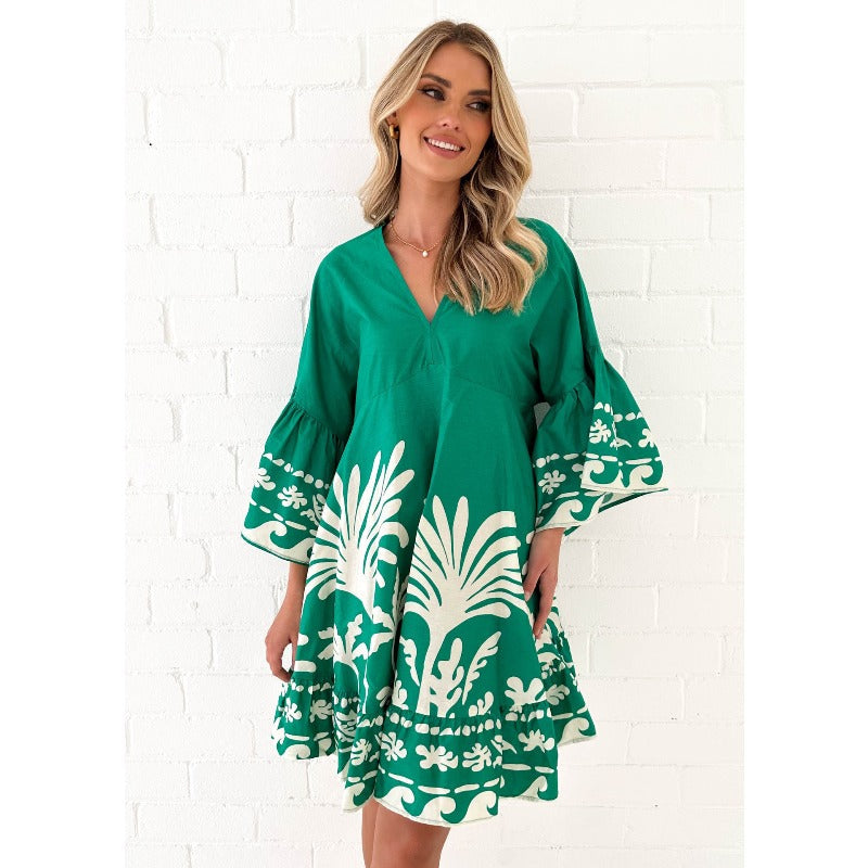 Women's dress - amazon independent site - summer european and american v-neck printed flared sleeve loose short dress