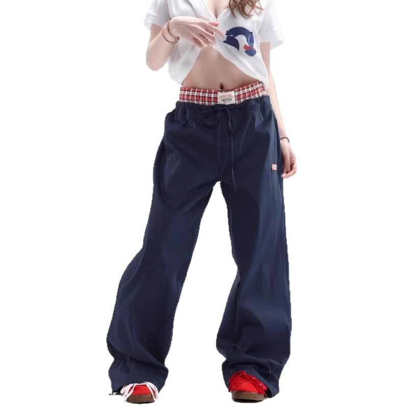Women casual pant double waistband fake two pieces