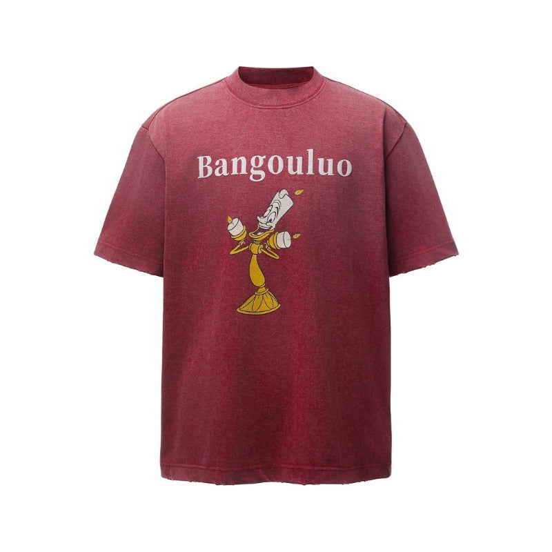 American retro heavyweight double yarn washed distressed cartoon design men's high street oversized short sleeve t-shirt
