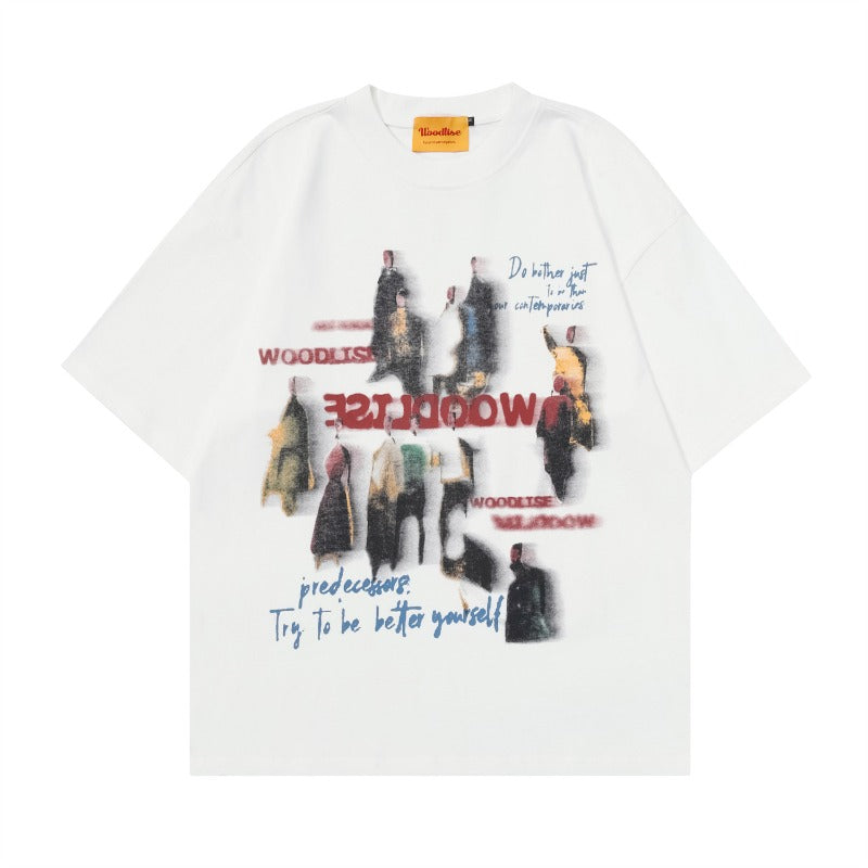 Men t shirts wt mankun spring american high street trendyretro shadow portrait back design loose short-sleeved t-shirt