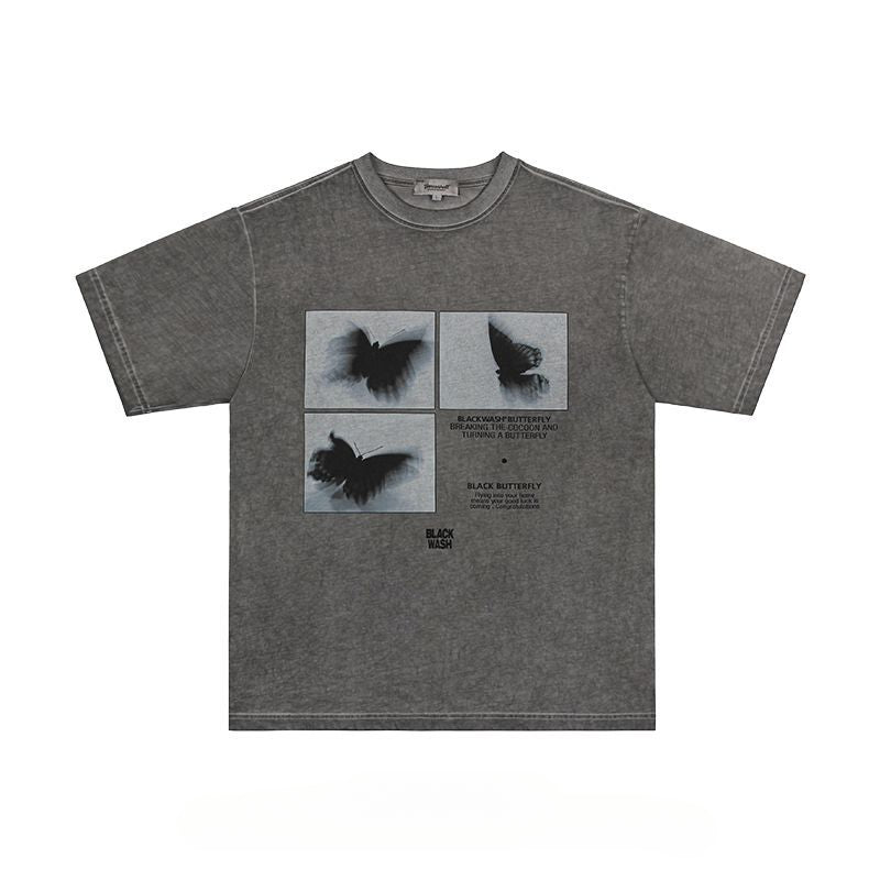 Mens T Shirts Butterfly Print Old Short Sleeve T-Shirts