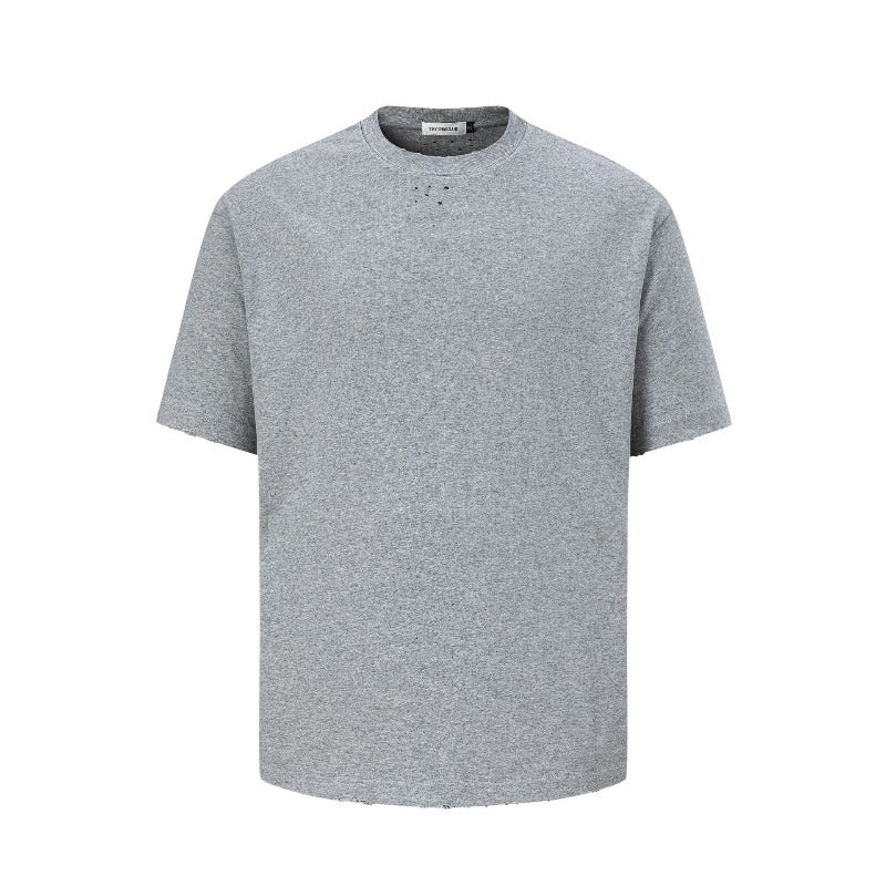 Men's t-shirts: american street style, unisex, premium summer solid color tee with distressed details - relaxed fit, short sleeve