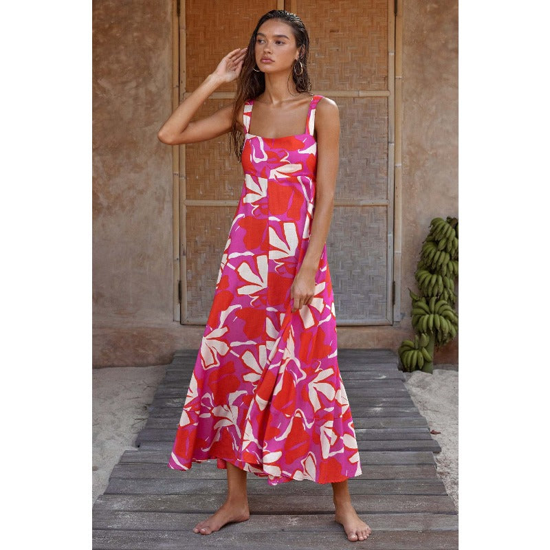 Women's dress - independent website, cross-border e-commerce, european & american style, sexy summer vacation print, fitted flare sleeve cami dress for women