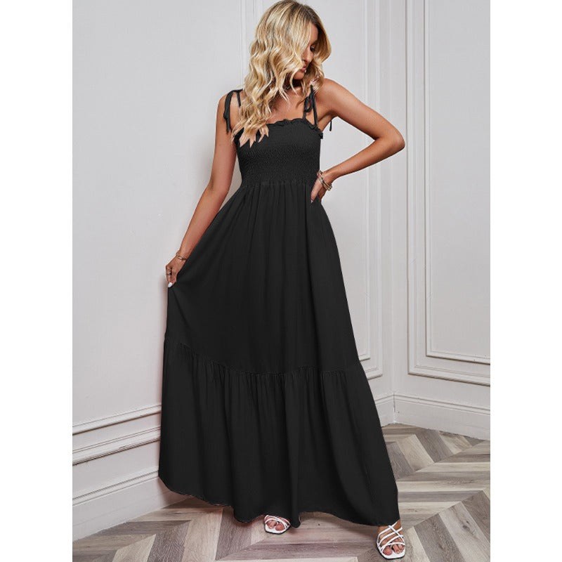 Women's dress - original photography, european & american style, spring/summer sexy strappy bandeau vacation beach maxi dress with flowy skirt