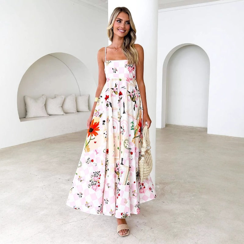 Women's dress: european and american style, cross-border summer fashion, printed backless cami, sexy high-waisted swing dress
