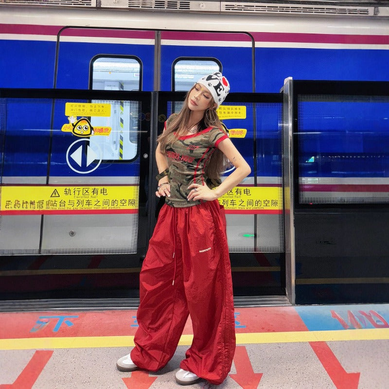 Women casual pants sports wide leg pants women loose retro elastic waist