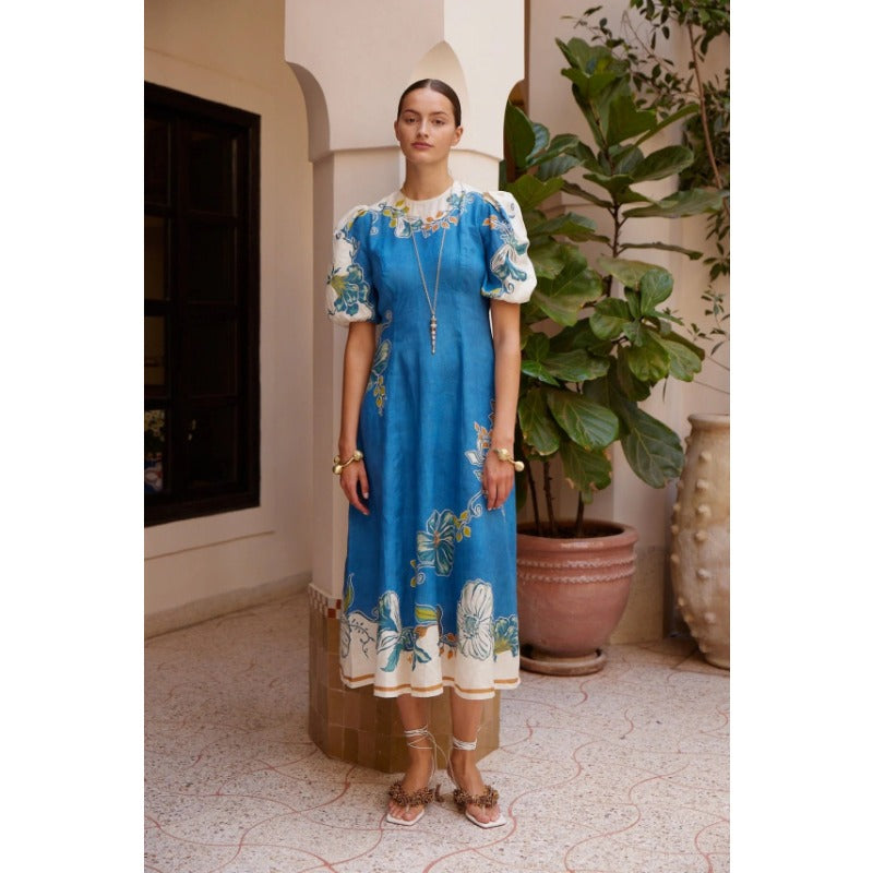 Women's dress: european and american cross-border independent station aliexpress personalized floral linen lantern sleeve fashionable cinched waist round neck dress