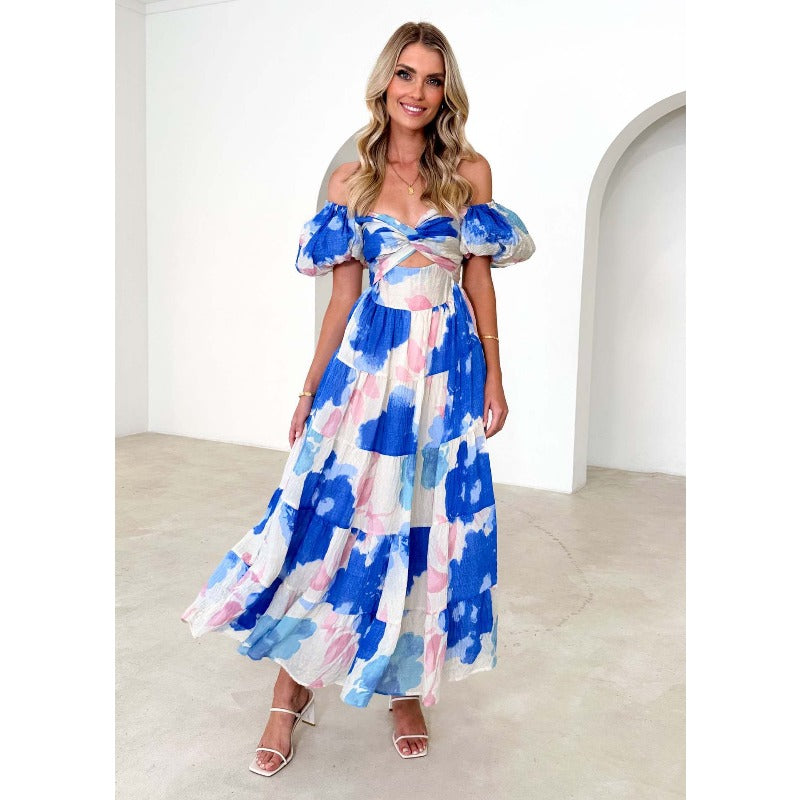 Women's dress - cross-border fashion, spring/summer, amazon style, elegant, slim-fit, printed, puff sleeve, high-end maxi dress for women