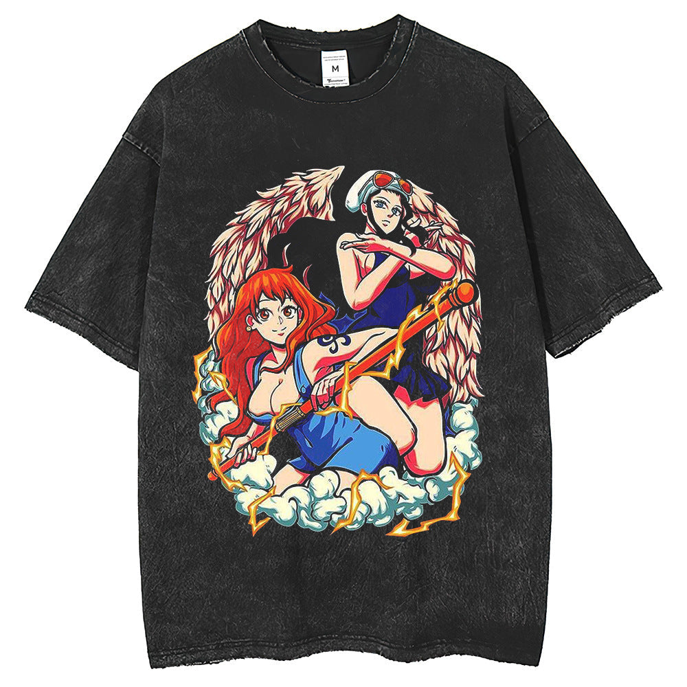 Mens T Shirts ONE PIECE Printed T-Shirt Short Sleeve Vintage Washed Old