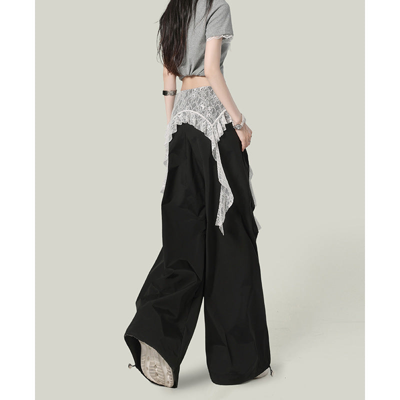 Women casual pants lace stitching fake two pieces women summer loose