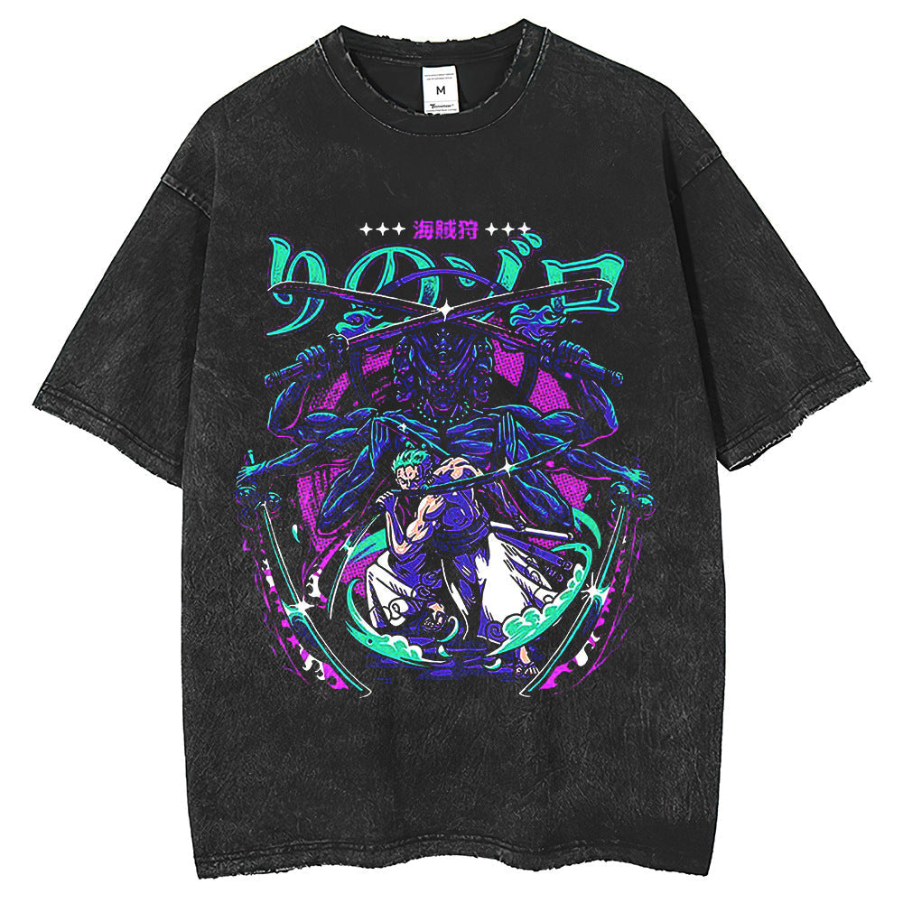 Mens T Shirts ONE PIECE Printed T-Shirt Short Sleeve Vintage Washed Old