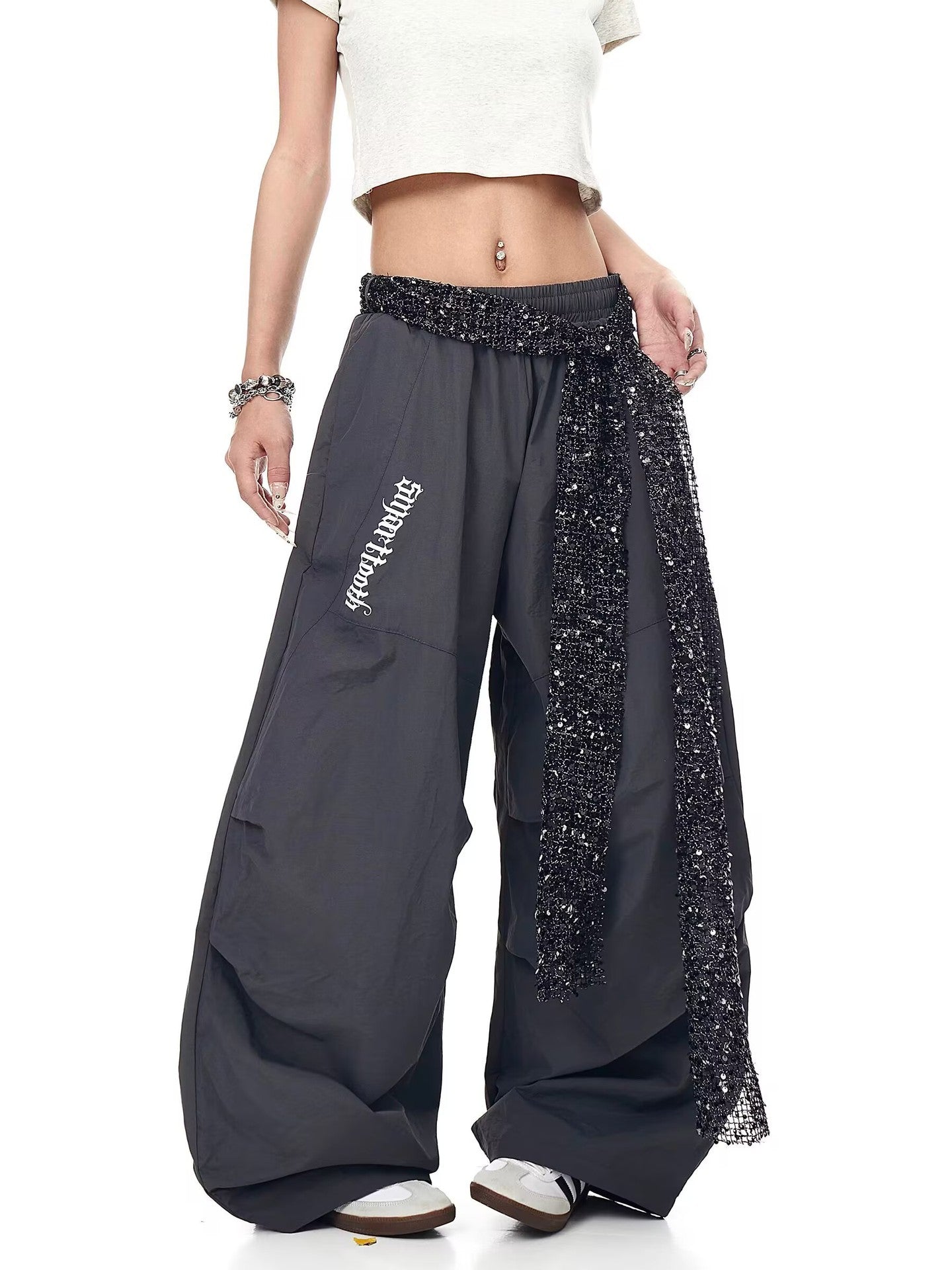Womens casual pants retro belt loose casual hip hop scimitar pants