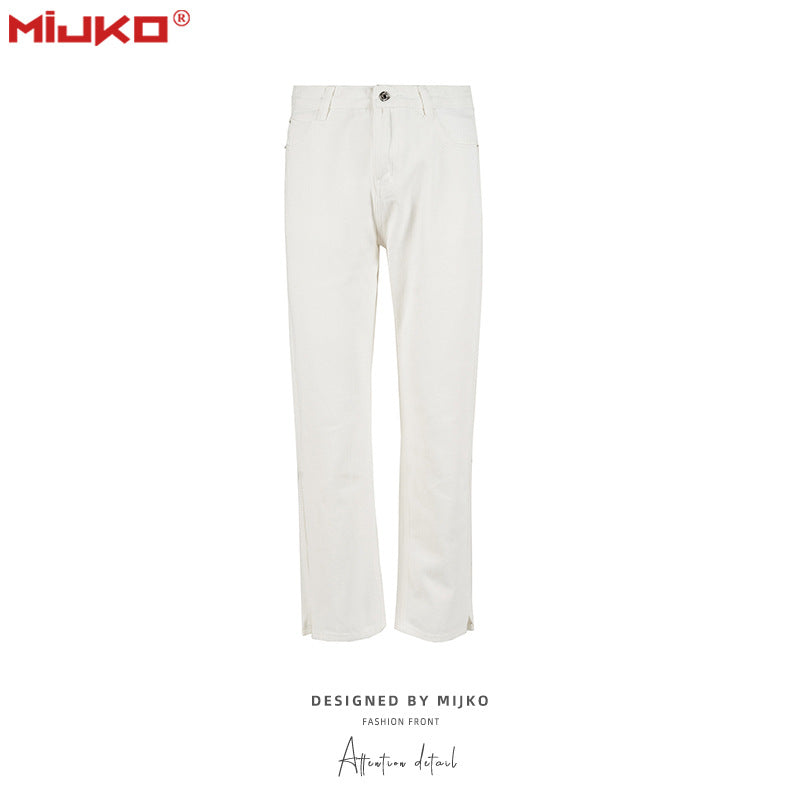 MIJKO Mens Vintage Pants Straight Ripped Split Jeans