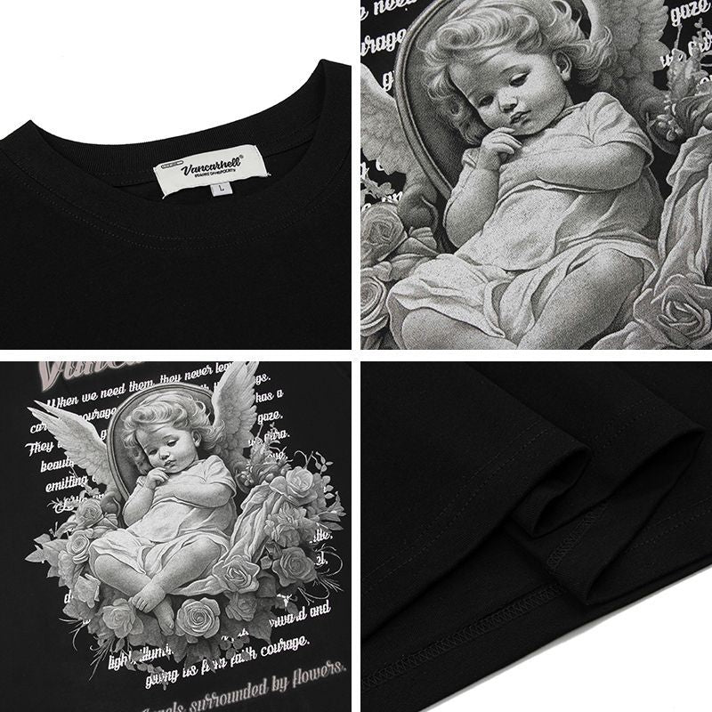 Mens T Shirts Angel Character Print Oversize Short Sleeve