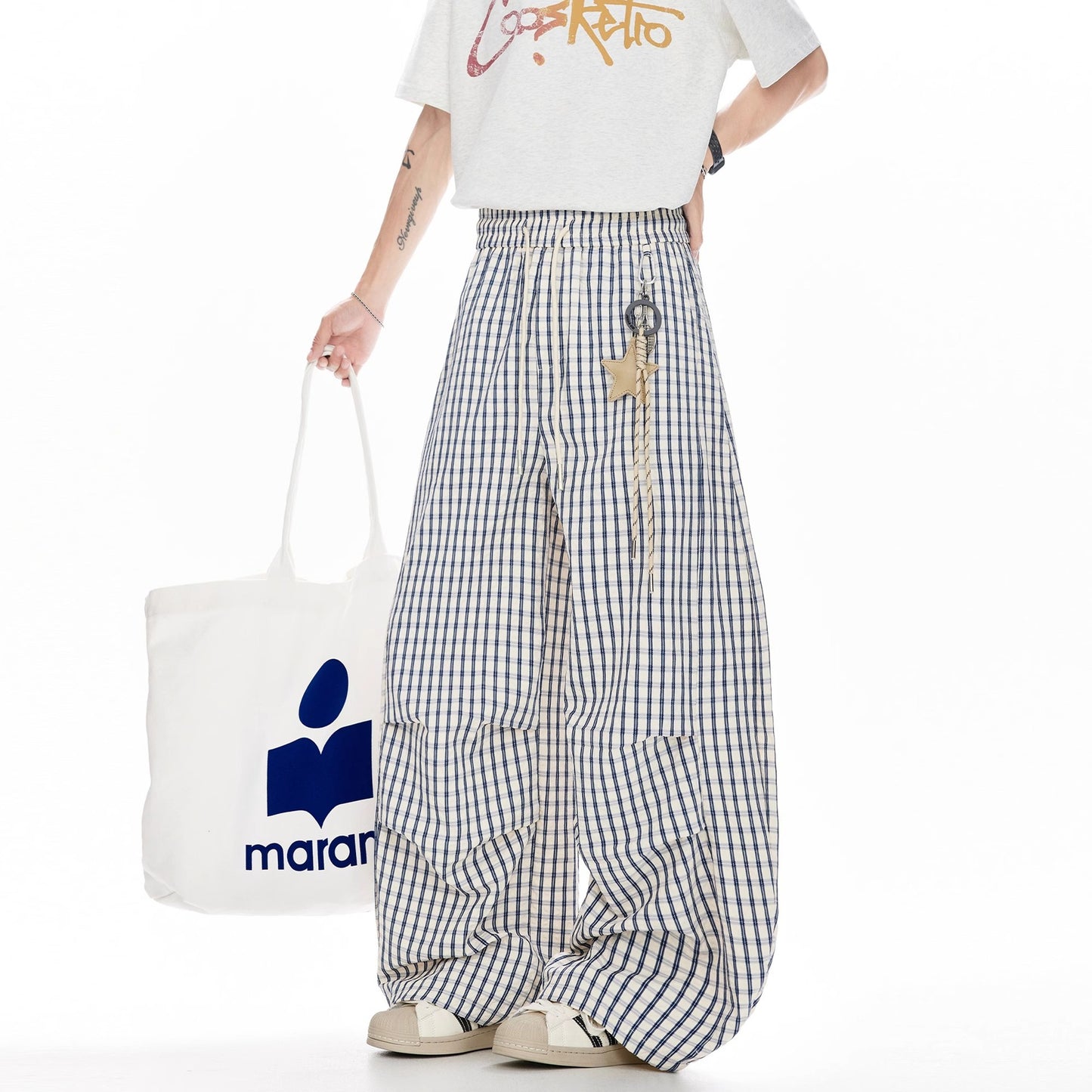 Women casual pants with star pendant plaidsummerloose