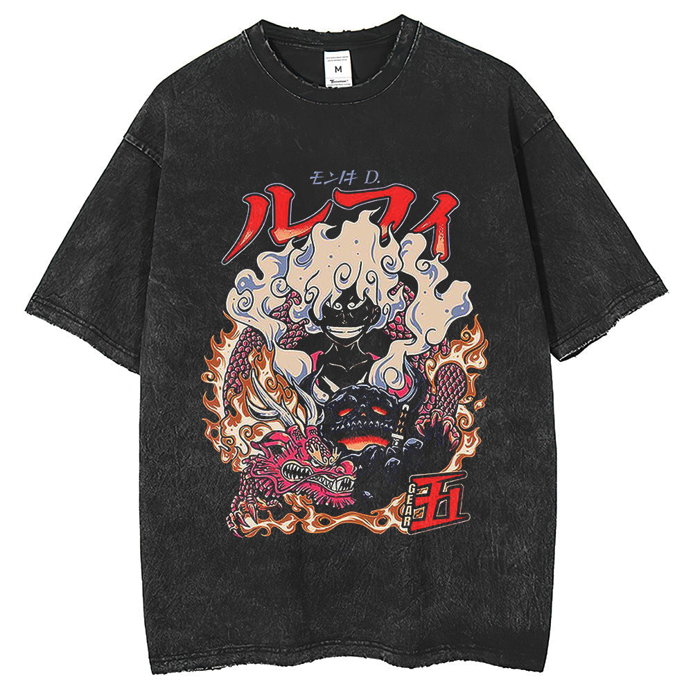 Mens T Shirts ONE PIECE Printed T-Shirt Short Sleeve Vintage Washed Old