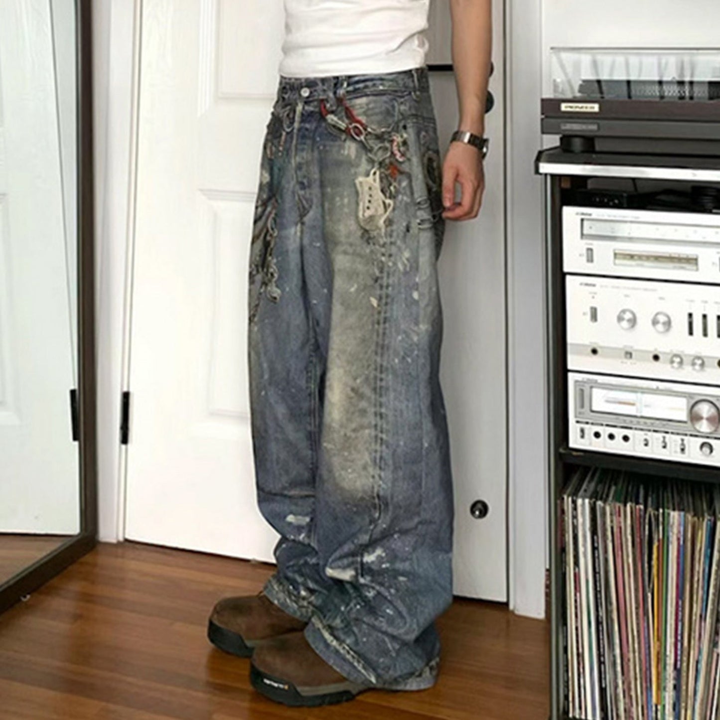 MIJKO Men's Vintage Pants MIJKO Men's Women's Straight Wash Water Milled White Trousers Jeans