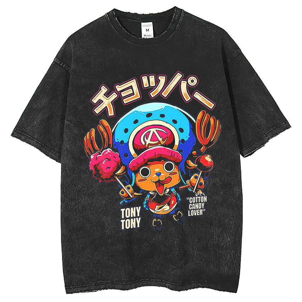Mens T Shirts ONE PIECE Printed T-Shirt Short Sleeve Vintage Washed Old
