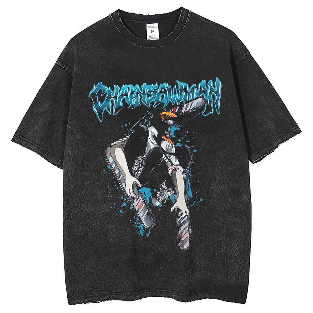 Mens T Shirts Anime Chainsaw Man Print Short Sleeve T-Shirt Loose