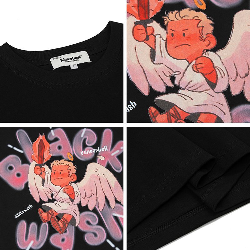 Mens T Shirts Cartoon Angel Print Short Sleeve OversizeT-Shirt