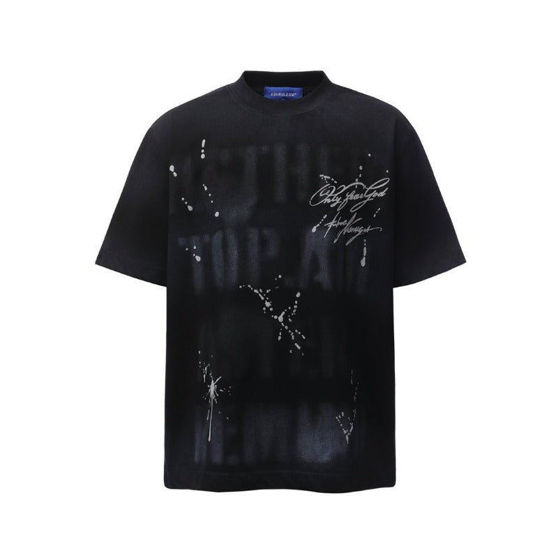Men's t-shirts: american retro heavyweight double yarn high-quality spray-painted letter print design, men's loose fit short sleeve t-shirt