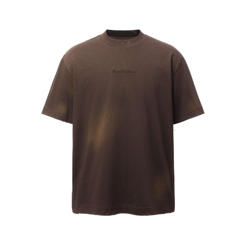 Men's t-shirts: american retro heavyweight double yarn embroidered logo spray-dye design, men's high street oversized short sleeve tee
