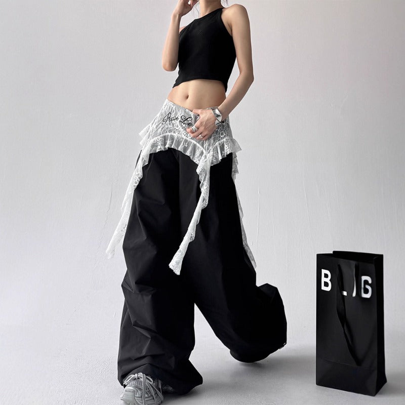 Womens casual pants womens summer loose lace stitching fart curtain